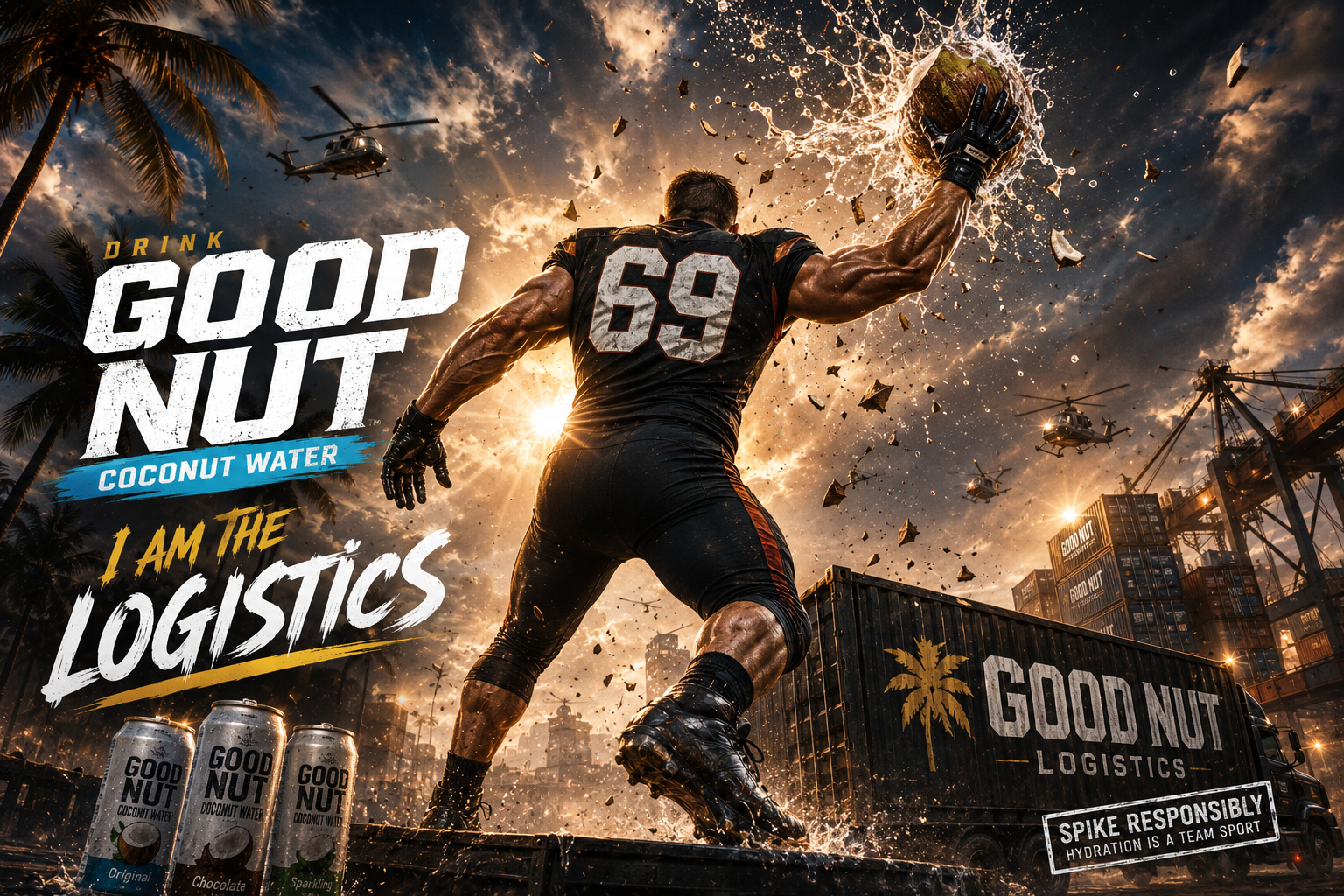 Dramatic parody poster of a football player inspecting a coconut water can.